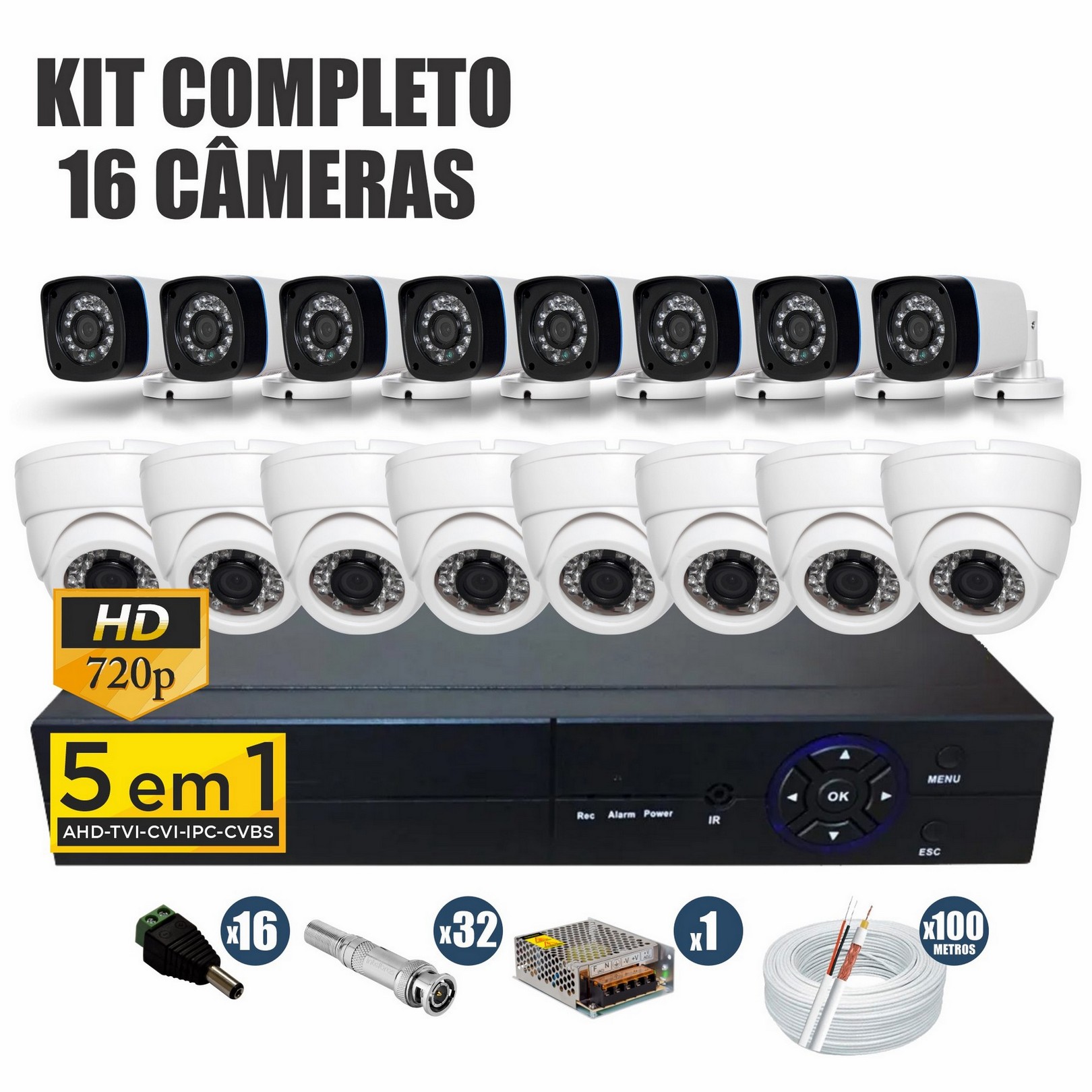 Kit CFTV Completo 16 Câmeras AHD 720p DVR 16 Canais