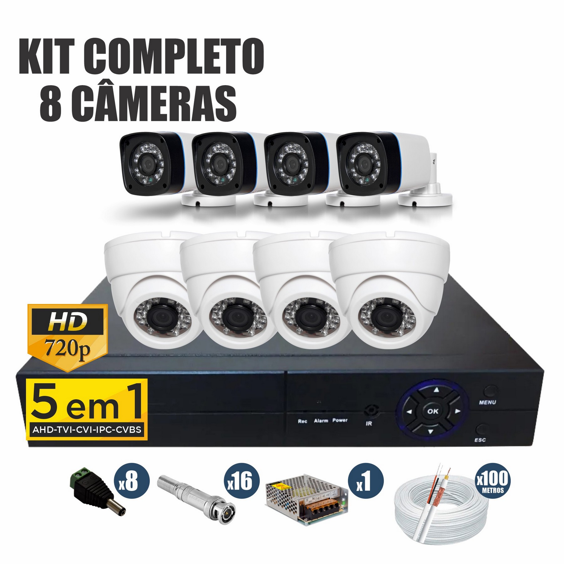 Kit CFTV Completo 8 Câmeras AHD 720p DVR 8 Canais